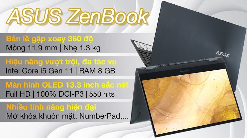 Laptop ASUS ZenBook Flip UX363EA i5 1135G7 có trọng lượng chỉ nhẹ 1.3kg và mỏng 11.9mm